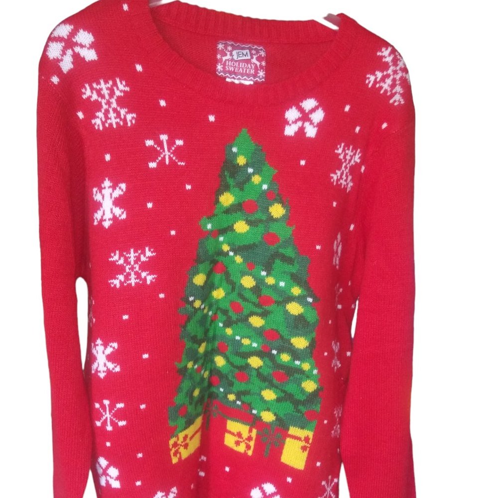 JEM Christmas Tree Red Ugly Holiday Crewneck Sweater Size Large